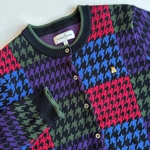Teddy Fresh Multicolored Houndstooth Bear Cotton‎ Cardigan Sweater Women’s Small